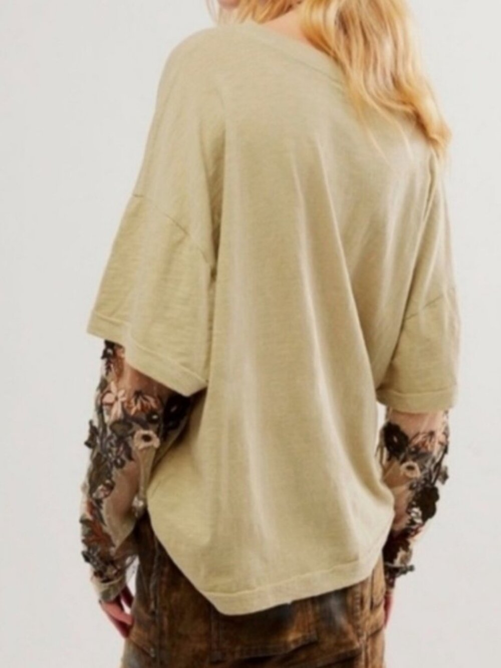 Free People Gardener Tee Embroidered Mesh Sleeve Top Boho Oversized Khaki Green
